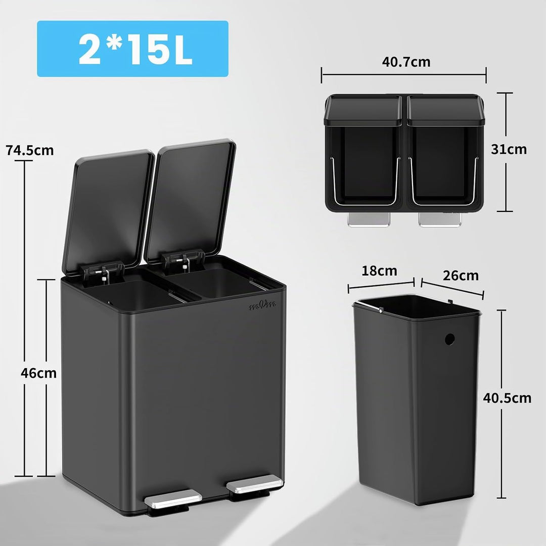 mVm Mülleimer Küche,30 Liter Treteimer,2 x 15 Liter Treteimer, 2 Fächer, Mülltrennsystem, Abfalleime