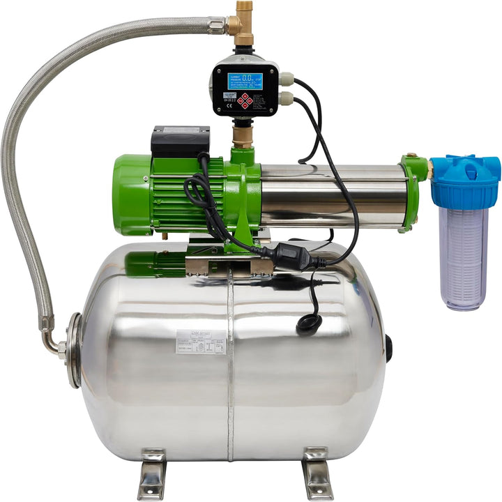 CHM GmbH Hauswasserwerk 100 L Edelstahl 1500 Watt, 8,5 Bar einstellbar mit LCD Display Gartenpumpe,