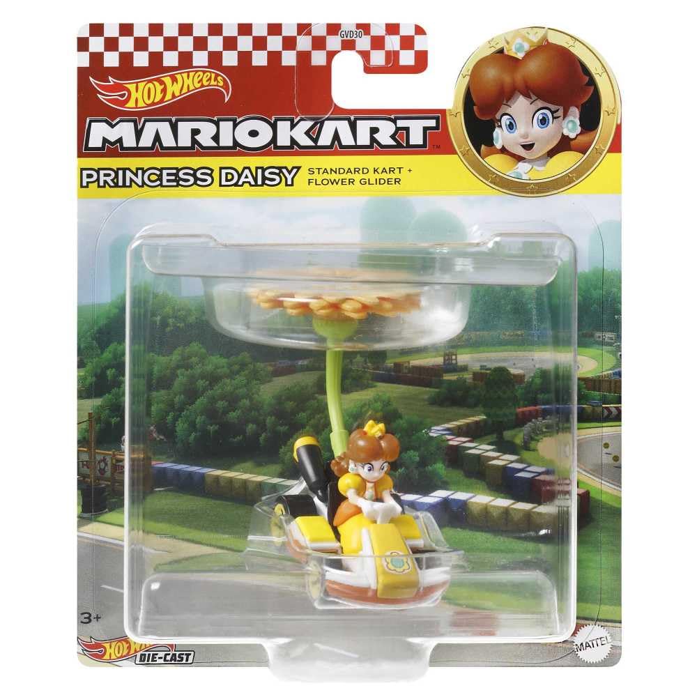 Hot Wheels Mario Kart Princess Dasiy Standard Kart mit Flower Glider Spielzeugfahrzeug für Kinder ab