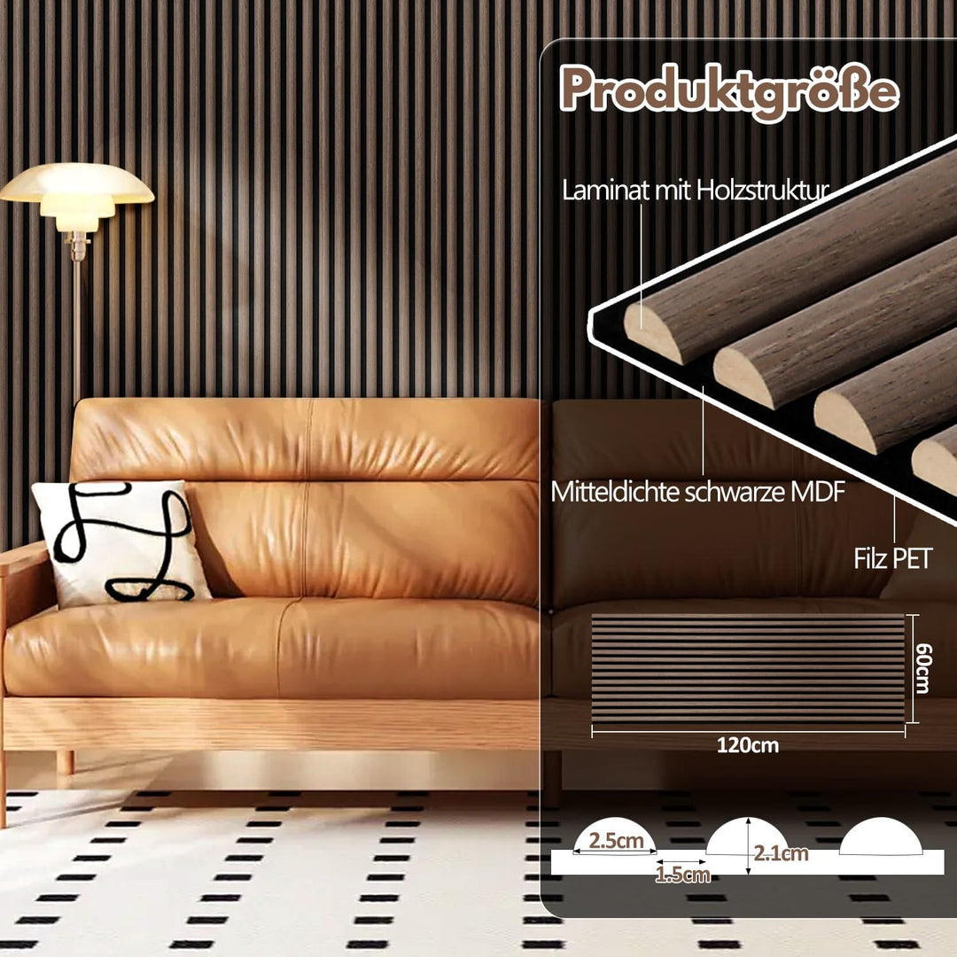 2X Akustikpaneele 120×60cm – 1,44 m² 3D Halbrunde Holzlamellen Wandpaneele auf MDF & Akustikfilz, Mo