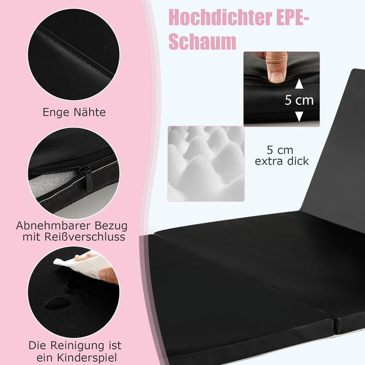 GYMAX Gymnastikmatte klappbar, rutschfeste & reissfeste Weichbodenmatte mit Kunstleder-Bezug & 2 Tra
