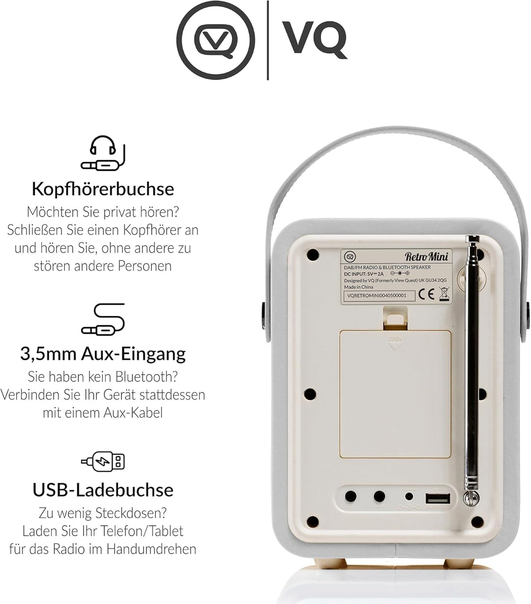 VQ Retro Mini DAB/DAB+ Digital- und FM-Radio mit Bluetooth und Weckfunktion - Hellgrau
