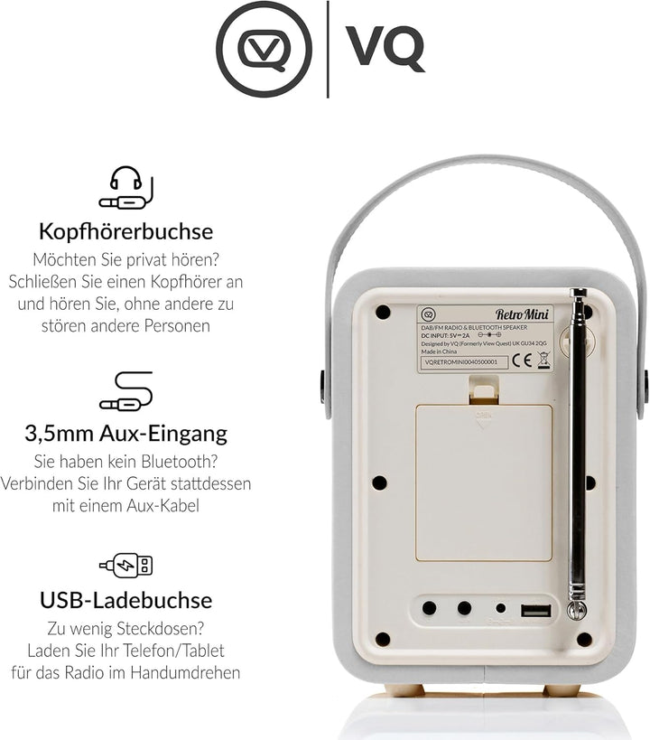 VQ Retro Mini DAB/DAB+ Digital- und FM-Radio mit Bluetooth und Weckfunktion - Hellgrau