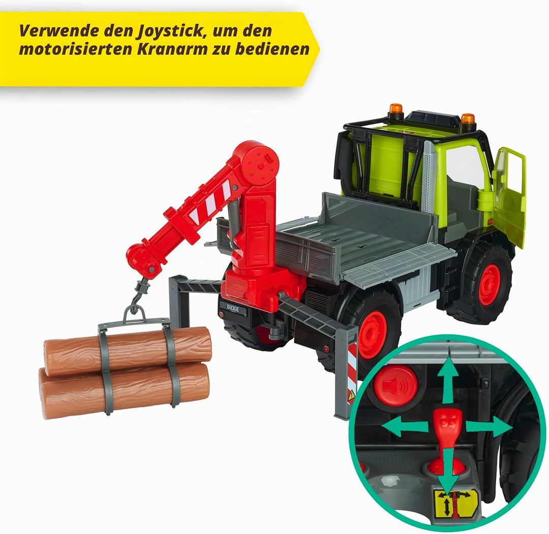 Dickie Toys - Unimog Holztransporter - mit elektrischer Seilwinde und Kranarm mit Joystick-Steuerung