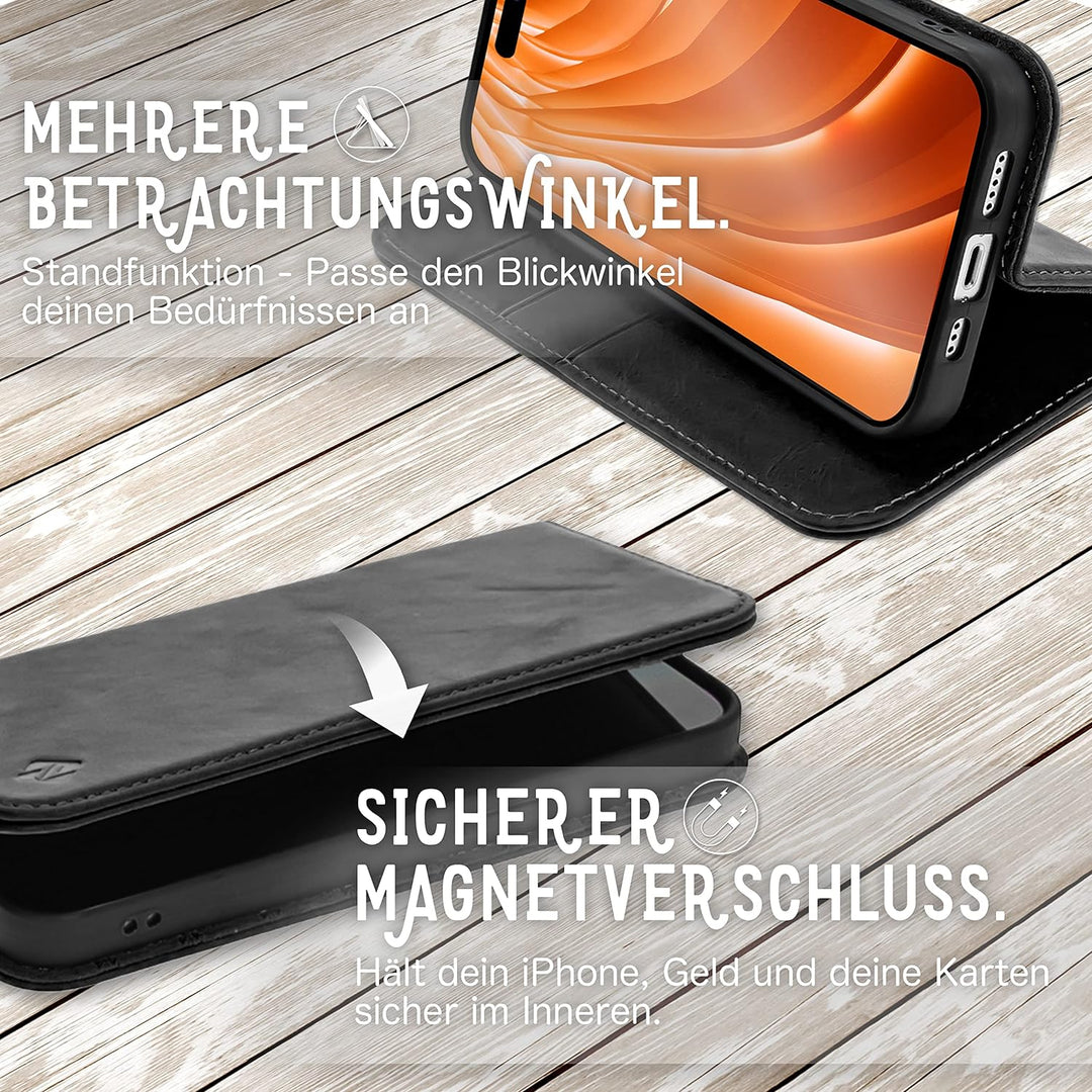 NALIA Echt-Leder Flipcase kompatibel mit iPhone 14 Pro Max Hülle, Handgefertigt Rindsleder Schutzhül