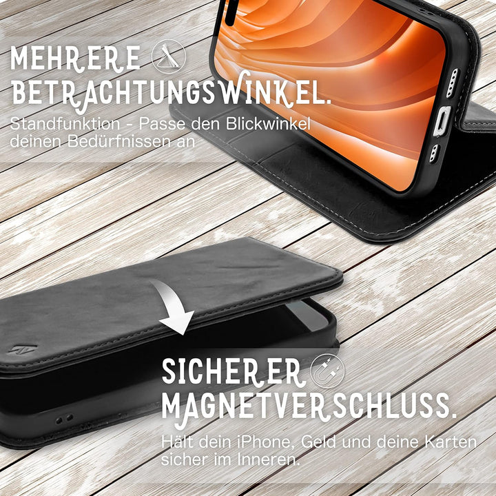 NALIA Echt-Leder Flipcase kompatibel mit iPhone 14 Pro Max Hülle, Handgefertigt Rindsleder Schutzhül