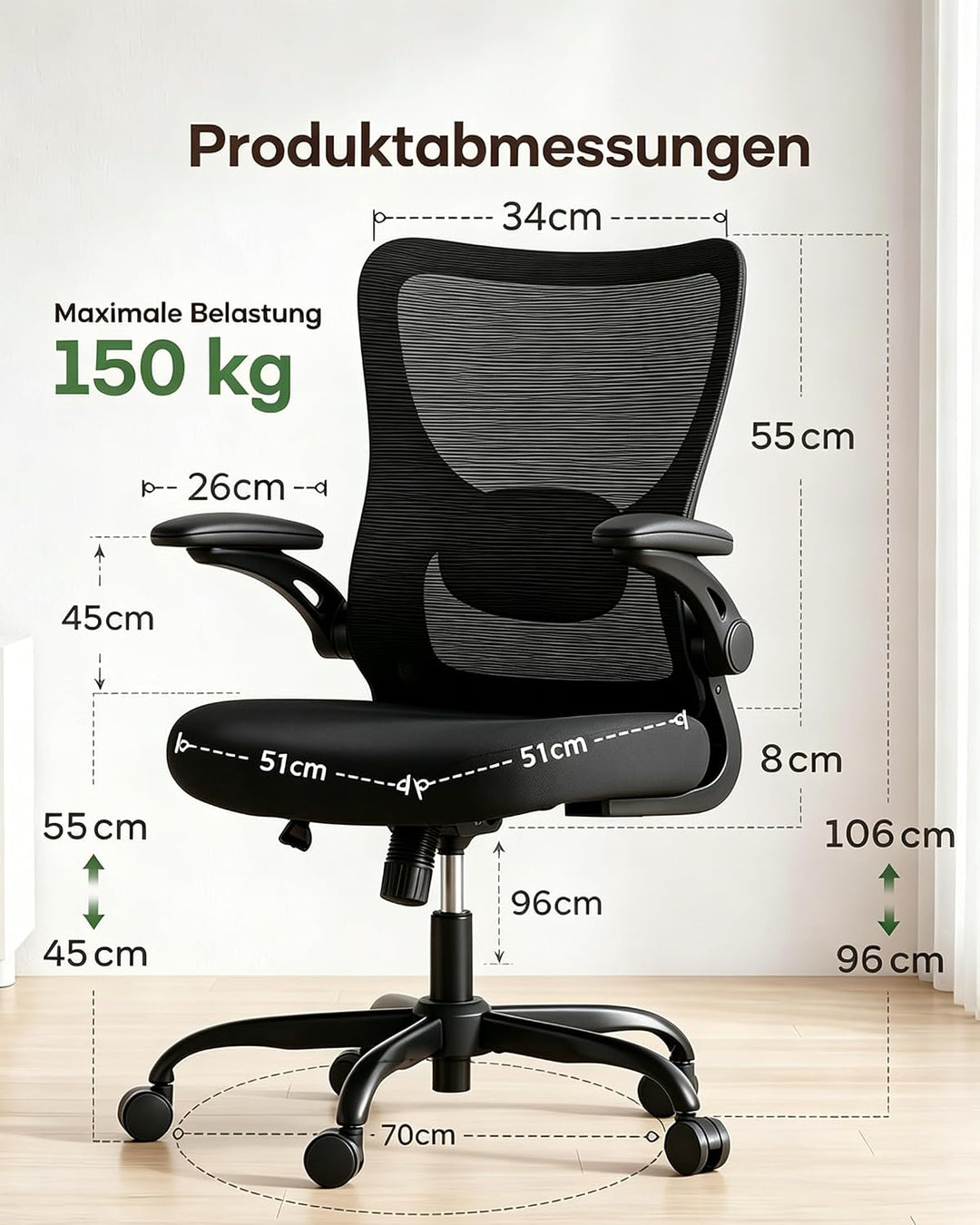 Marsail Schreibtischstuhl, Bürostuhl ergonomisch, mit 3D Armlehnen Schwarz 1 55.0 Zentimeter, Schwar