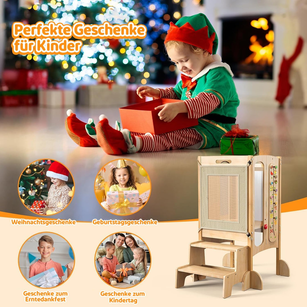 Lernturm Klappbar ab 1 Jahr, 5 in 1 Multifunktionaler Lernturm aus Holz mit Tafel, Montessori Learni