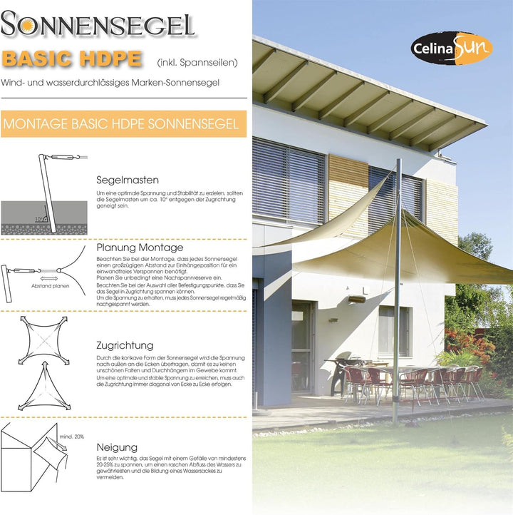 CelinaSun Sonnensegel inkl Befestigungsseile Basic Quadrat 2 x 2 m Streifen sandbeige weiss Sonnensc