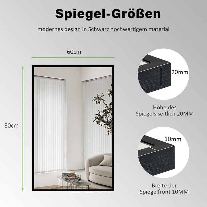 HY-RWML Wandspiegel, Schwarz Spiegel gross 60x80 cm Rechteckiger Edelstahl Splitterschutz und Kosmet