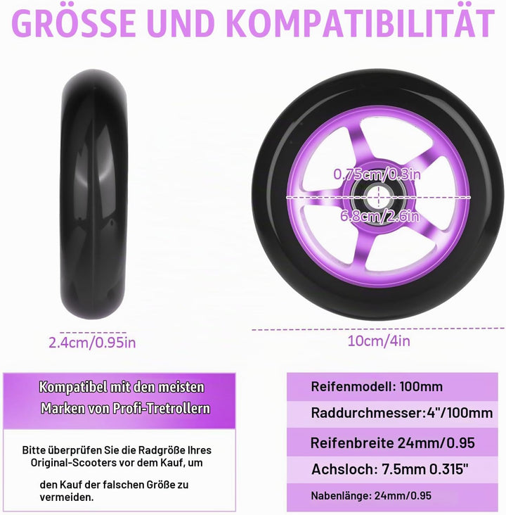Stunt Scooter Rollen100mm, 2 Stück Stunt Scooter Räder Ersatzräder mit ABEC/ 9 Kugellager/Härtegrad
