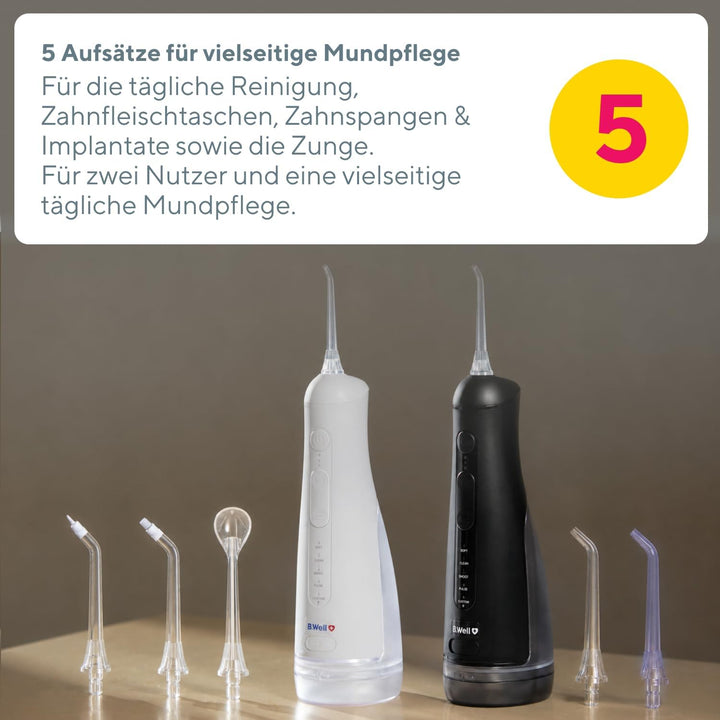 B.Well PRO-901 Munddusche | 5 Modi | 290 ml Wassertank | 5 Aufsätze | Weiss