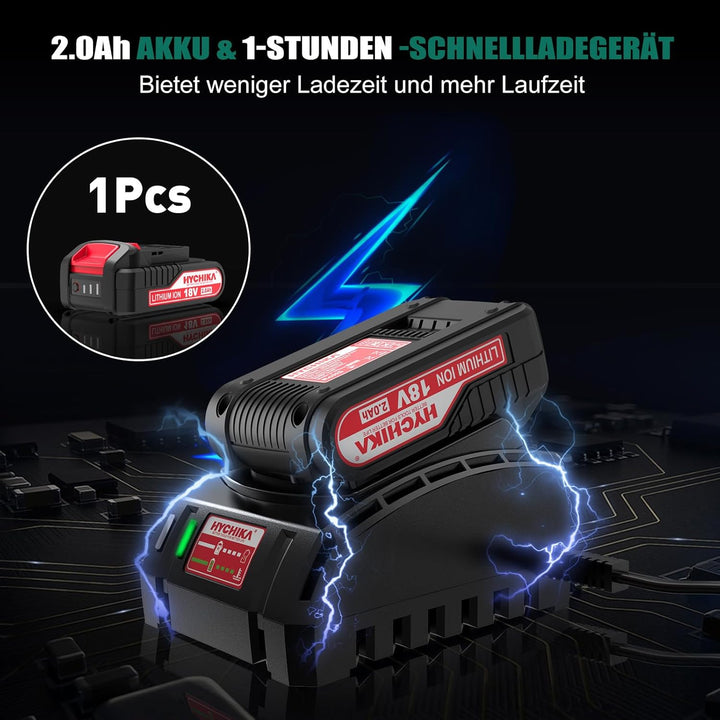 HYCHIKA Akkuschrauber 60Nm Max, 18V Bohrschrauber Bürstloser mit 2.0Ah Akku & 53pcs Zubehöre Set, 2