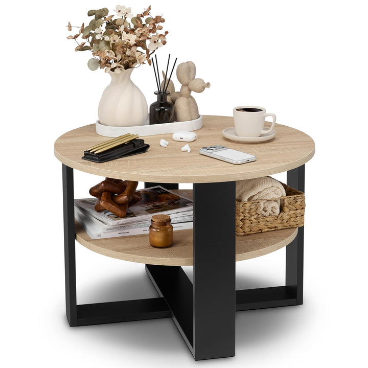 defiPad Couchtisch rund Eiche Ø70 cm - Beistelltisch mit Ablage - Sonoma Eiche - 2 Ebenen, runder mo