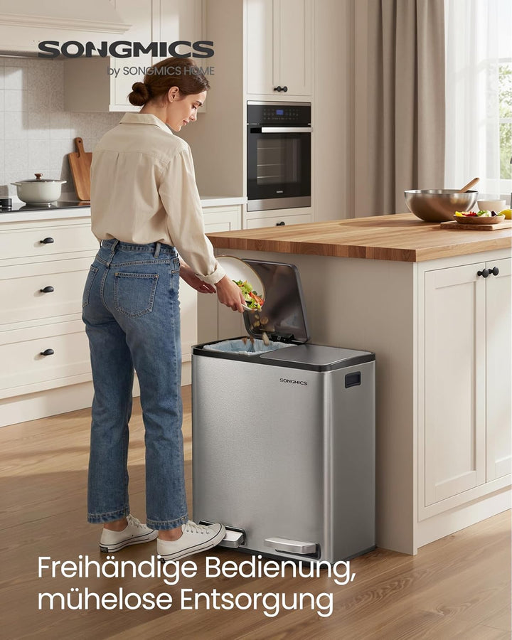 SONGMICS Mülleimer Küche, 2 x 30 L, Mülltrennsystem 2 Fächer, Abfalleimer mit 15 Müllbeuteln, Tretmü