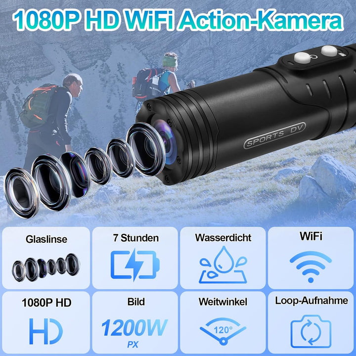 Helmkamera, WiFi-gyrostabilisiert Action Cam Motorrad, 7-Stunden-Aufnahmezeit 1080P HD &amp; 120° Ultra-