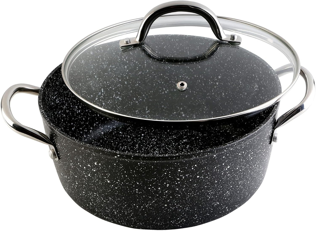 WECOOK! Granite Cazuela Alta Inducción Completa 20cm Tapa Vidrio, Aluminio Forjado 2,2 Litros, Antia
