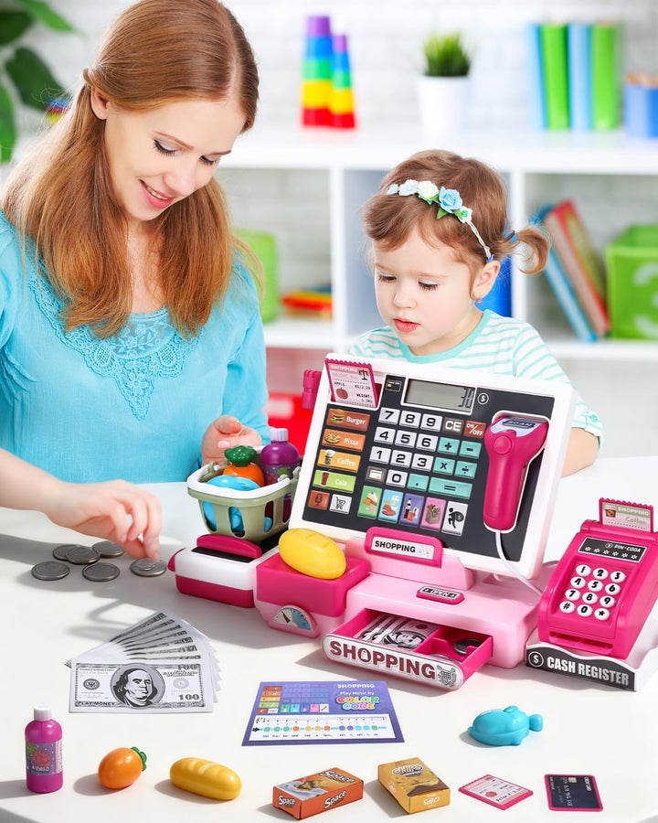 heuchaey Kinder Kasse Spielzeug, Kinderkasse Registrierkasse Set, Rosa | Elektronische Registrierkas
