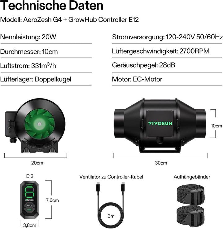 VIVOSUN AeroZesh G4 Rohrventilator 100 mm, EC-Abluftventilator 331 m³/h mit PWM-Steuerung & E12-Gesc