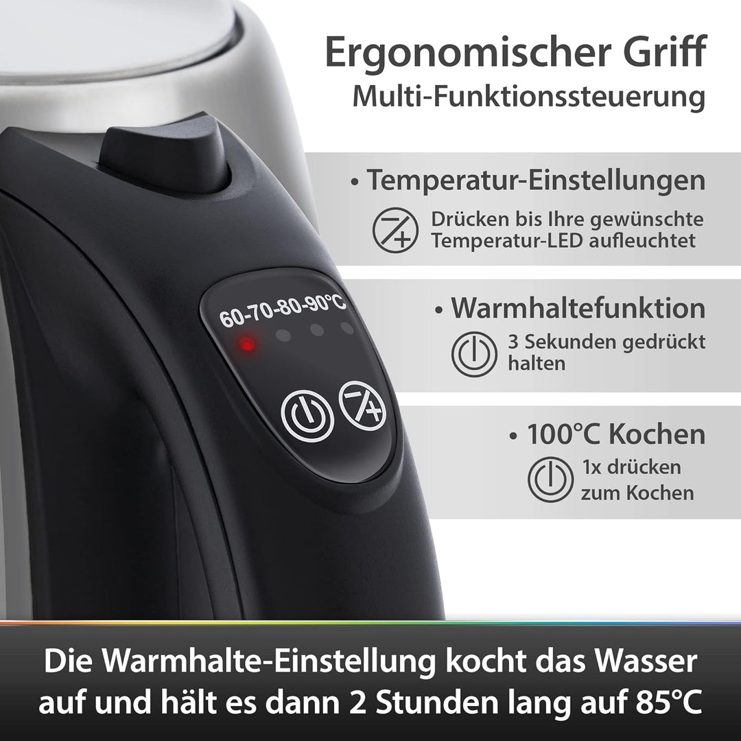T24 Edelstahl Wasserkocher 1,7 L mit Temperatureinstellung 2200W, LED Beleuchtung-Farbe je nach Temp