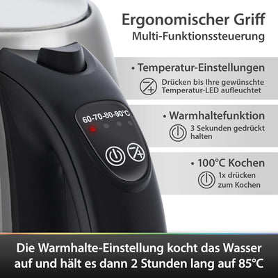 T24 Edelstahl Wasserkocher 1,7 L mit Temperatureinstellung 2200W, LED Beleuchtung-Farbe je nach Temp