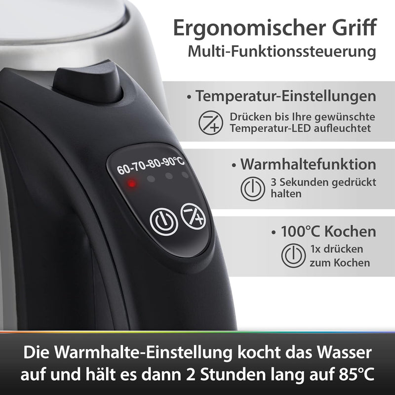 T24 Edelstahl Wasserkocher 1,7 L mit Temperatureinstellung 2200W, LED Beleuchtung-Farbe je nach Temp