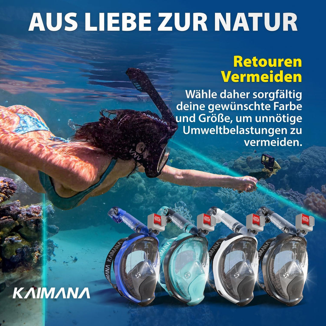 Die Preisgekrönte KAIMANA® Schnorchelmaske für Erwachsene & Kinder - absolut CO2 sicher - inkl. Trag
