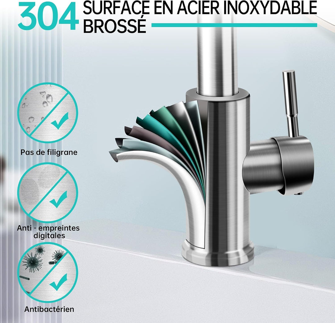 Wasserhahn Küche mit Brause 2 Modi, Armatur Hochdruck Küchenarmatur Schwarz, 360° Schwenkbar Spültis