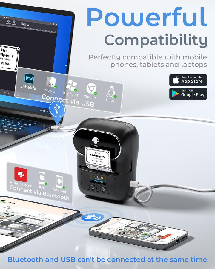 Phomemo M110 Etikettendrucker Thermo Etikettendrucker Mini Bluetooth Handheld-Drucker mit für Kleidu