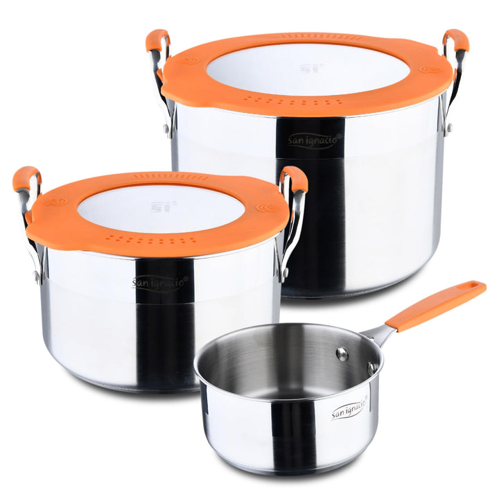 Compact - Topfset aus Edelstahl - 5 Teile - Enthält 2 Töpfe mit 20 und 24 cm und 1 Stieltopf mit 16