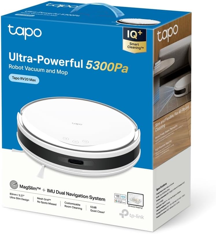 Tapo RV20 Max Saugroboter mit Wischfunktion, 5300Pa ultrastarke Saugkraft, 83 mm Ultra-schlank, MagS