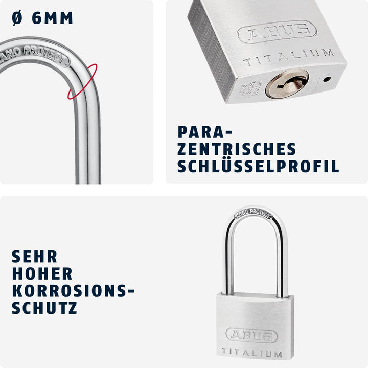 ABUS Vorhängeschloss Titalium 64TI/40HB40 mit hohem Bügel - Kellerschloss mit Schlosskörper aus Spez