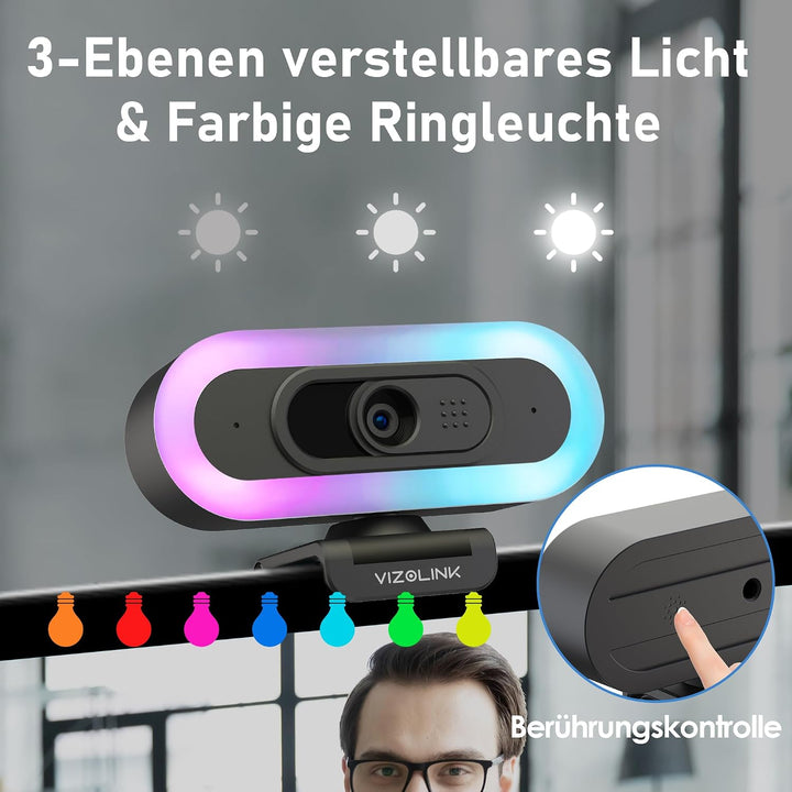 W8LS 4K Webcam 30fps mit Autofokus, Geräuschunterdrückung Mikrofon, LED-Leuchten, 78°FOV, Lichtkorre