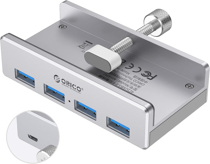 ORICO USB 3.0 Hub 4 Port, Aluminium SuperSpeed Datenhub Mit Extra Netzteilanschluss Port für Desktop