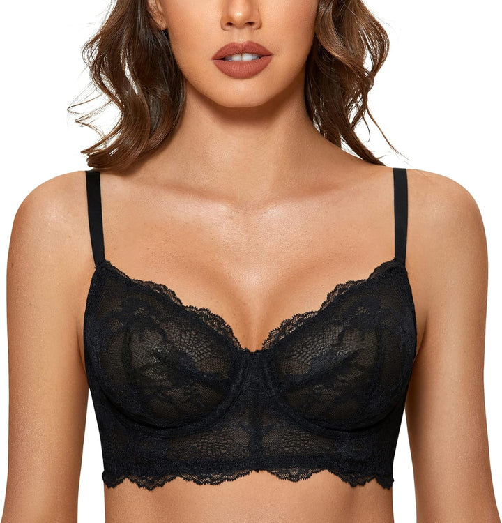 DOBREVA Damen Spitzen BH Minimizer Vollschalen Sexy mit Bügel ohne Polster 80B Schwarz, 80B Schwarz