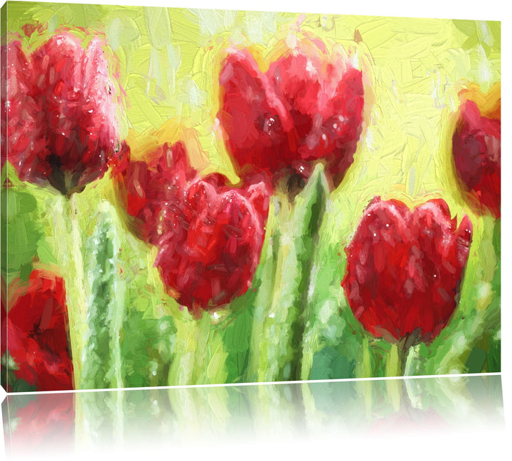 Pixxprint Rote Tulpen mit Tropfen bedeckt Pinsel Effekt, Format: 100x70 auf Leinwand, XXL riesige Bi