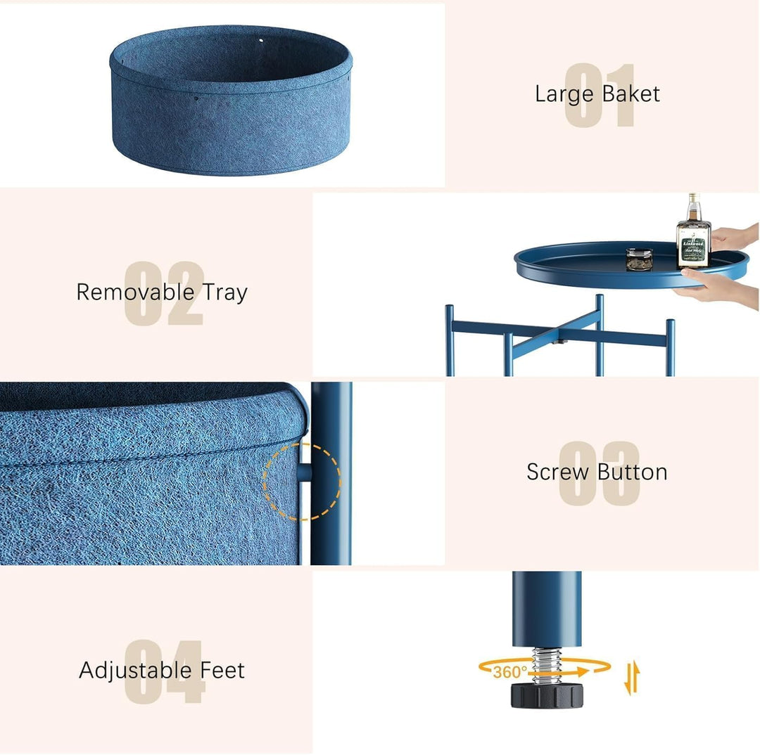 Beistelltisch Rund, Kleiner Tisch, Metall Balkontisch, Sofatisch 2 Ebenen, Couchtisch mit Korb aus S