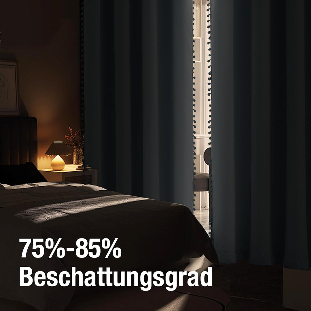 Treatmentex Blickdicht Vorhang mit Pompons Blau Vorhang mit Ösen Landhausstil Wärmeisoliert Thermovo