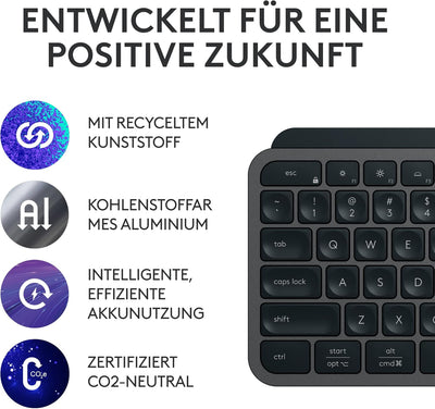 Logitech MX Keys S Plus kabellose Tastatur, Low Profile, Fluid Quiet Typing, Programmable, Backlight