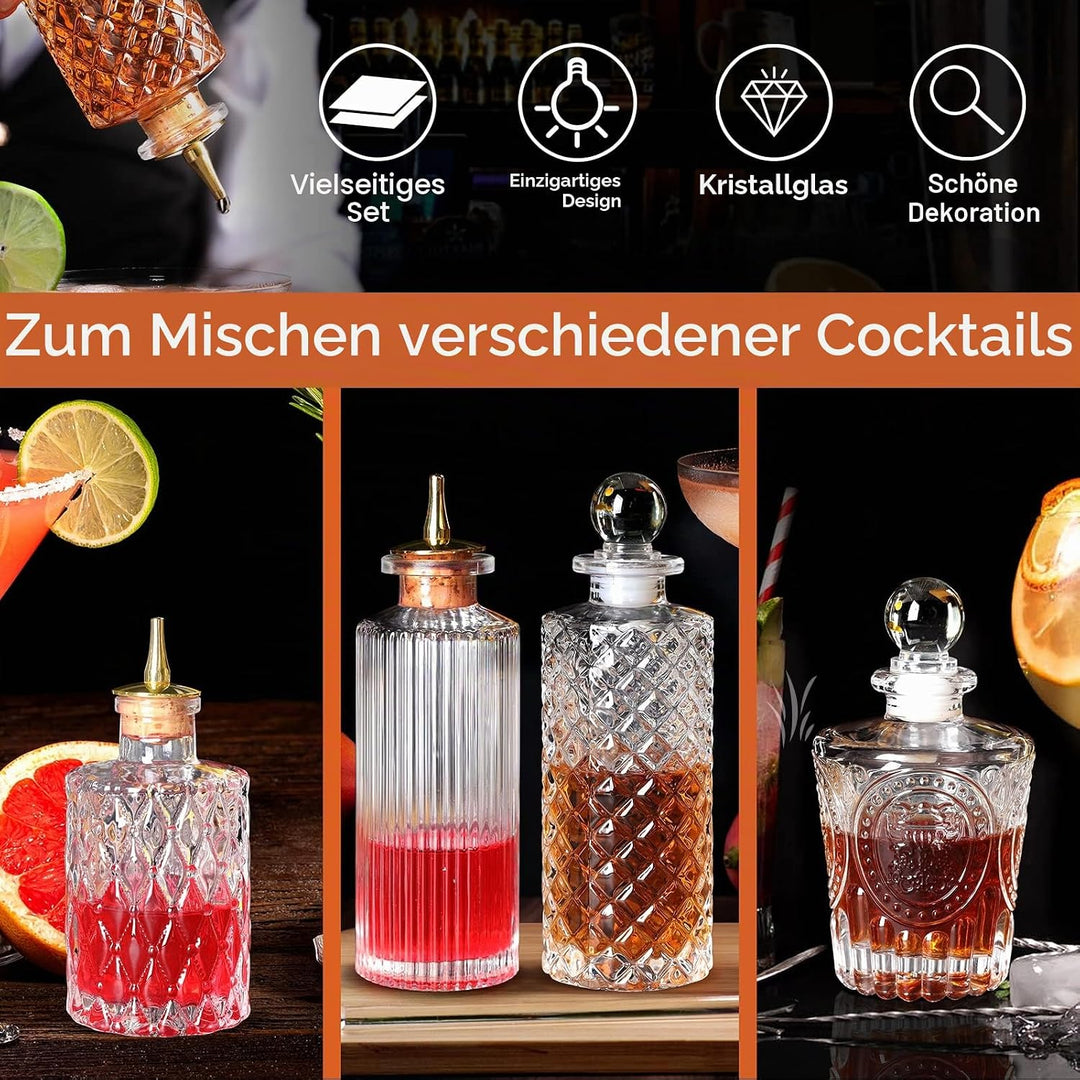 SuproBarware Bitterflasche Glasdasher für Cocktails 4 Stück – Glasflaschen mit Armaturenbrettverschl