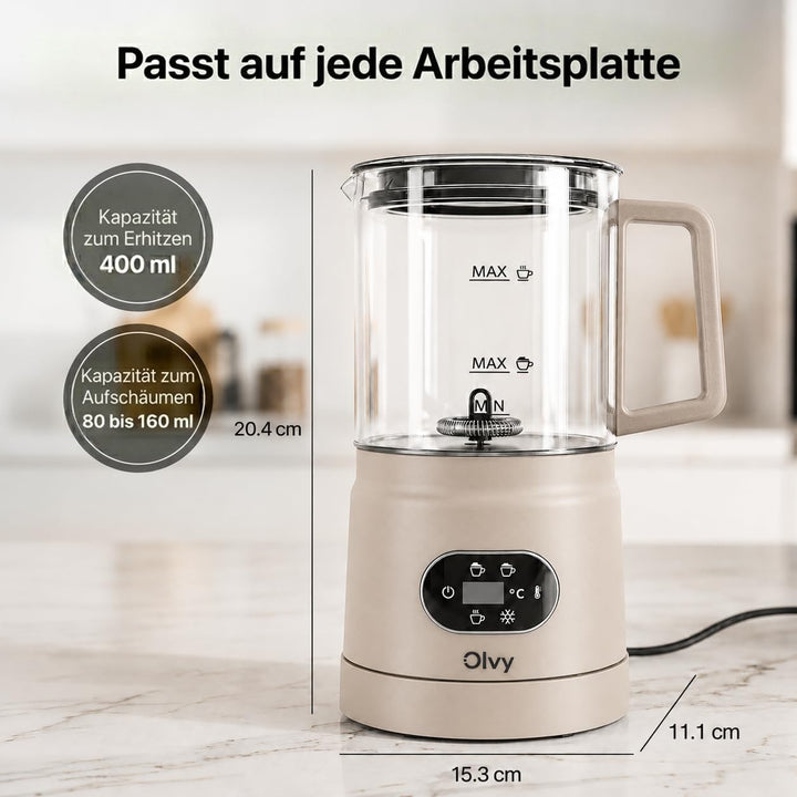 Olvy Milchaufschäumer Elektrisch | Milchschaumgerät für Barista Qualität | 1 Stück | Beige | Für Cap