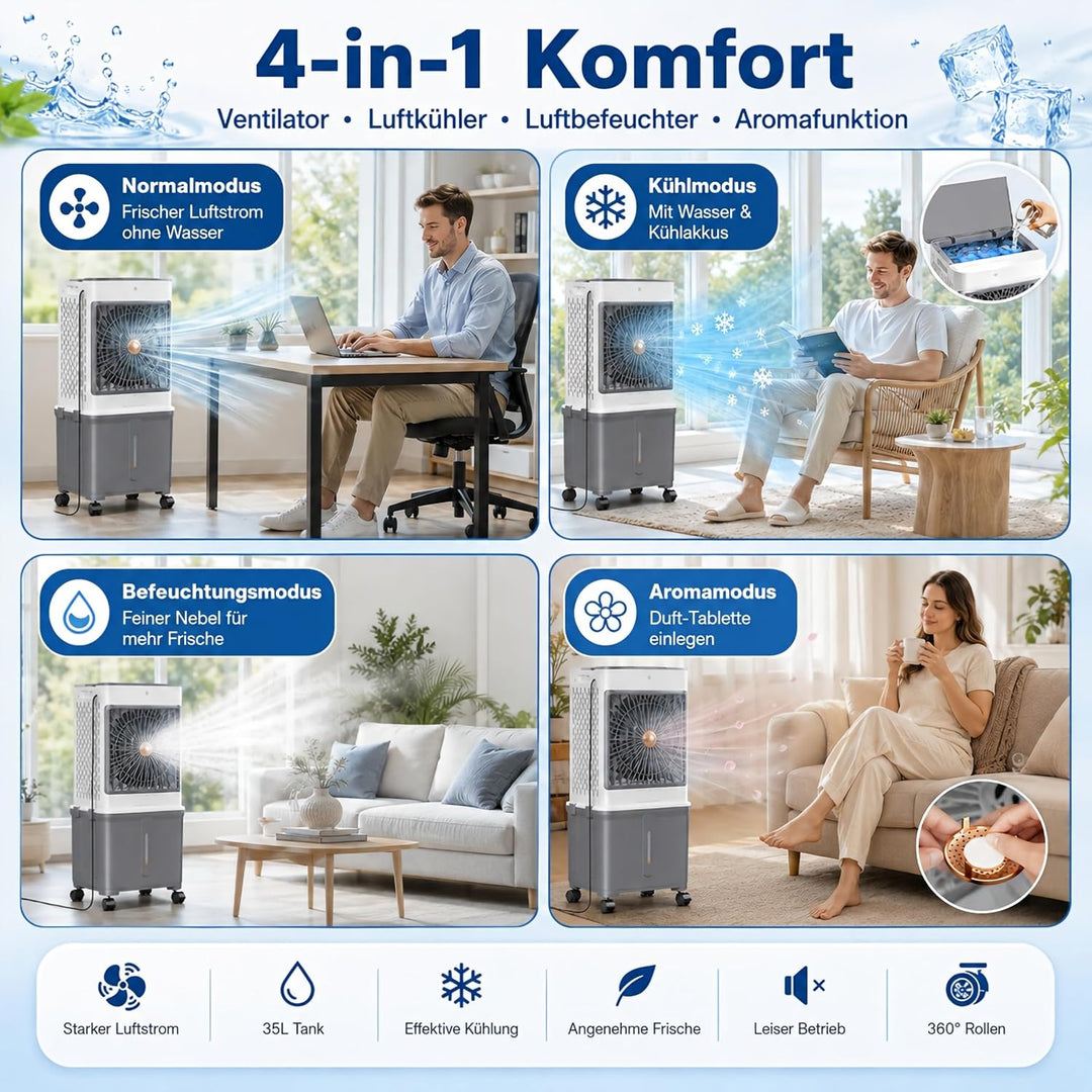 Verdunstungskühler mit Gross 35L Wassertank Fernbedienung, Timer, H 85cm