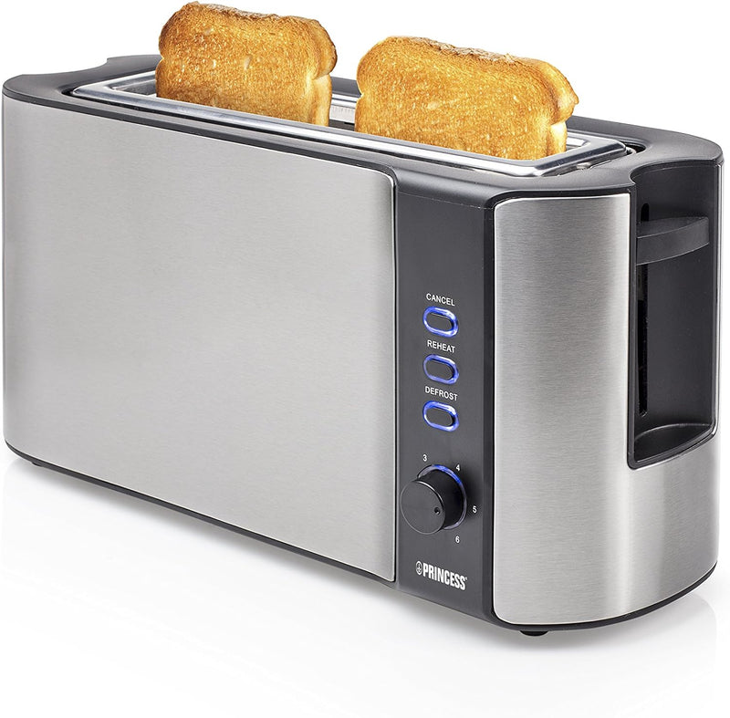 Princess Langschlitztoaster mit eingebautem Broetchenaufsatz Edelstahl, Schwarz Langschlitz-Toaster,