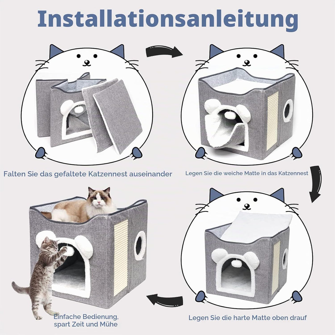Katzenhaus, Hundehaus, faltbarer Katzenkorb mit 2 abnehmbaren Kissen, hängendem Ball und Kratzbrett,