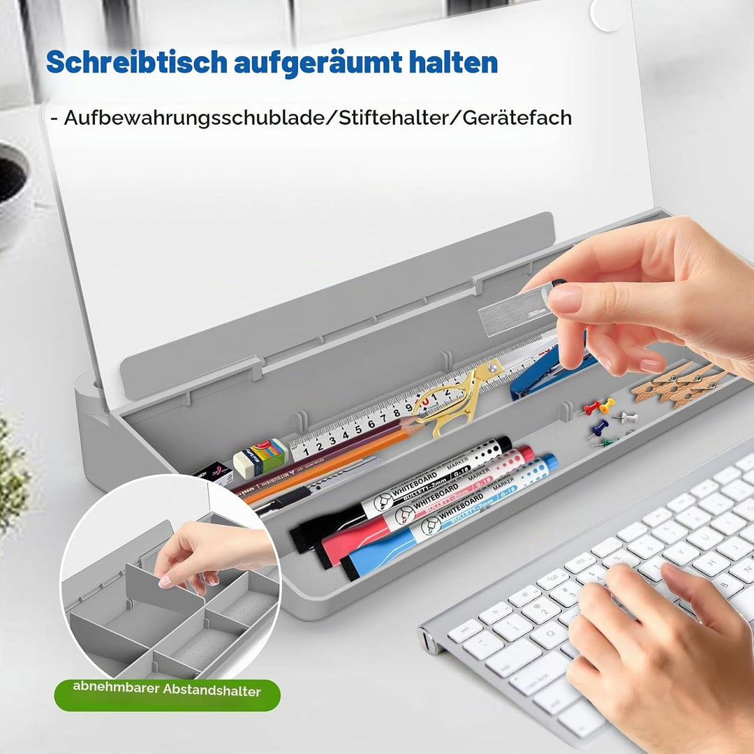 Schreibtisch Whiteboard aus Glas mit Stauraum, Trockenwisch Memoboard inkl. 3 Markern – Organizer er