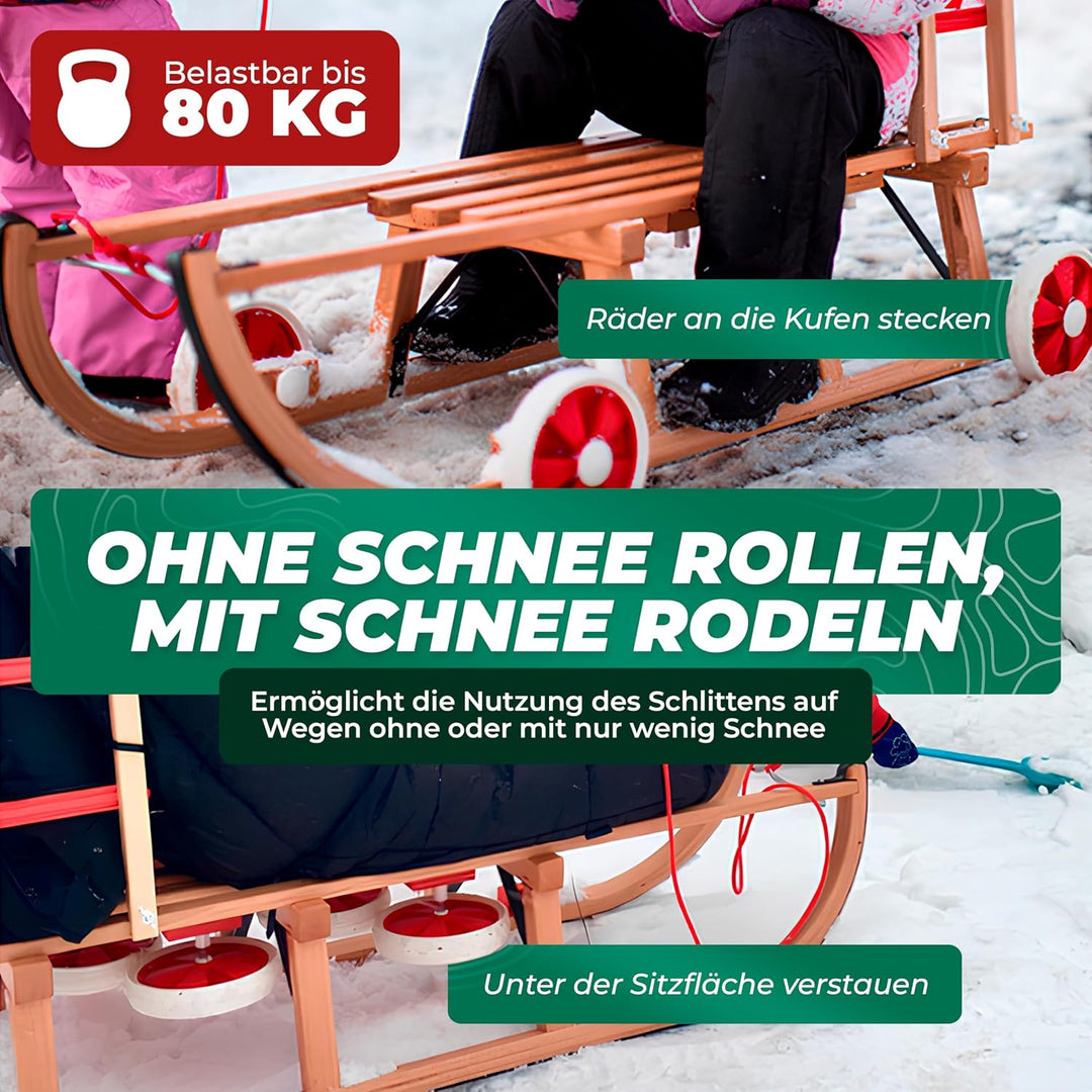 Roll Rodel Original Holzschlitten mit Rädern zum Einsatz auf Teer und Schnee - Schlitten mit Rollen,