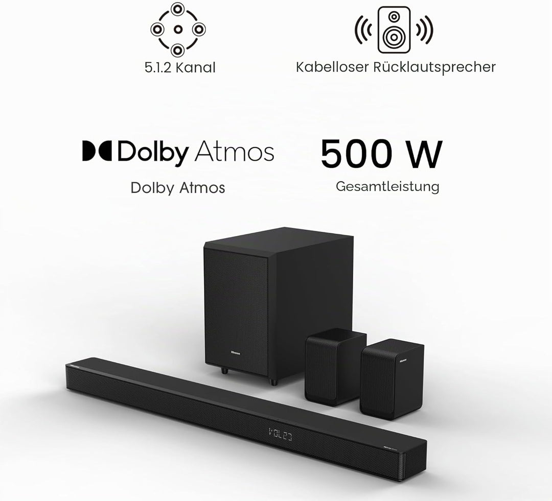 Hisense AX5125H 5.1.2 Soundbar mit kabellosem Subwoofer und Rücklautsprechern, 500W, Dolby Digital P