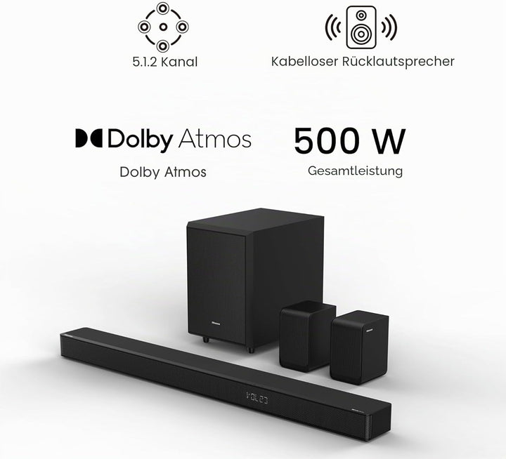Hisense AX5125H 5.1.2 Soundbar mit kabellosem Subwoofer und Rücklautsprechern, 500W, Dolby Digital P