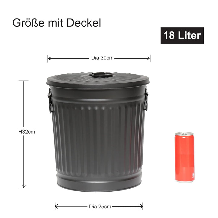 Jinfa 1 Retrodesign Metalleimer mit Griffen und Deckel + 50 Müllbeutel | schwarz | 18L 1 Mülleimer 1