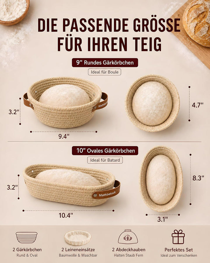 Banneton Gärkörbchen Set Sauerteig, Brot Gärkorb Set aus Baumwollseil mit 23 cm rundem Gärkörbchen u